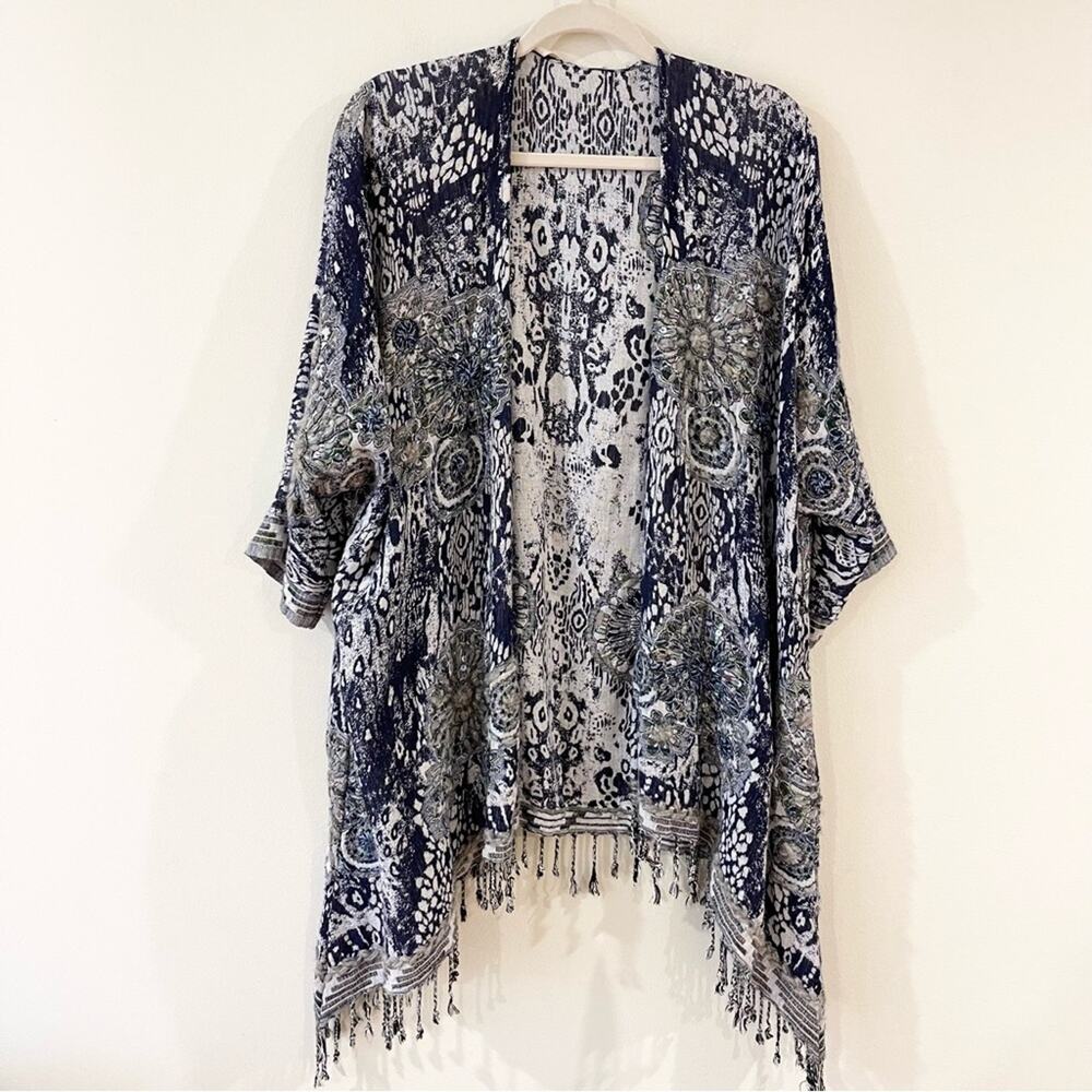 Soft Surroundings Emory Cardigan with Sequin and Fringe One Size Gray Blue